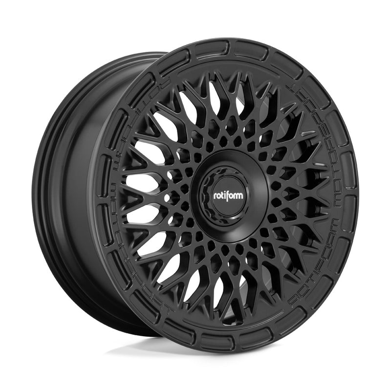 Rotiform LHR-M monoblock cast aluminum automotive wheel in a satin black finish with the wording Rotiform Motorsport embossed on outer edge and a black center cap with Rotiform silver logo.