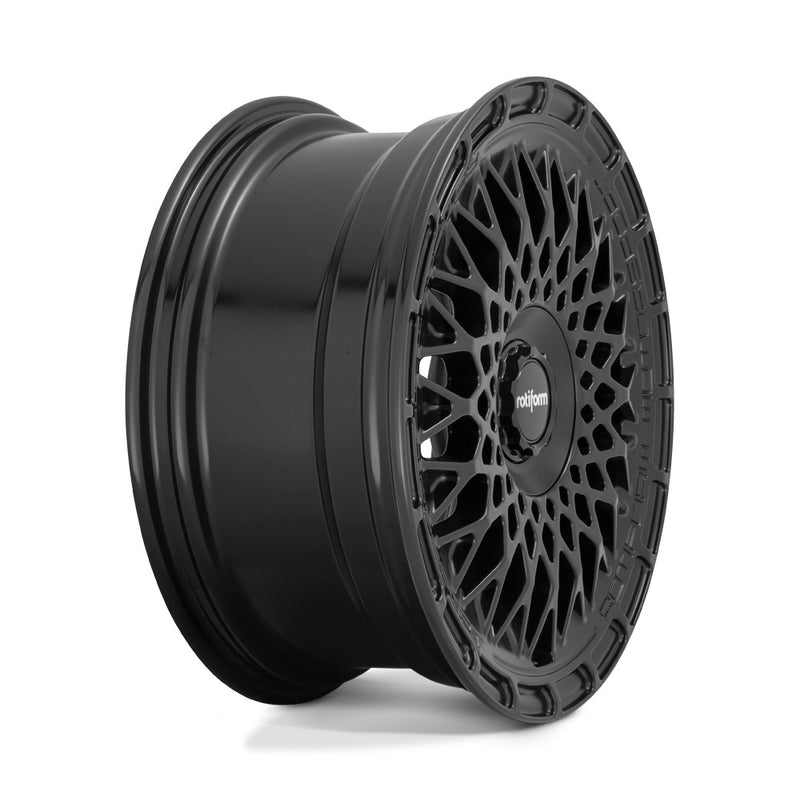 Side view of a Rotiform LHR-M monoblock cast aluminum automotive wheel in a satin black finish with the wording Rotiform Motorsport embossed on outer edge and a black center cap with Rotiform silver logo.
