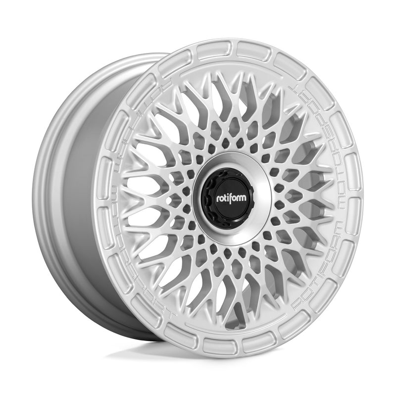 Rotiform LHR-M monoblock cast aluminum automotive wheel in a satin silver finish with the wording Rotiform Motorsport embossed on outer edge and a black center cap with Rotiform silver logo.