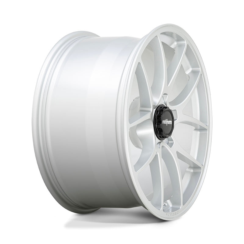 Side View Of Rotiform's 21" LTN Model, A Monoblock Forged Aluminum 5 V Shape Spoke Wheel In A Gloss Silver Finish With The Word Forged Embossed On The Bead Ring