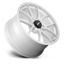 Tilted Side View of Rotiform's 21" LTN Model, A Monoblock Forged Aluminum 5 V Shape Spoke Wheel In A Gloss Silver Finish With The Word Forged Embossed On The Bead Ring