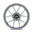 Front Facing View Of Rotiform's 21" LTN Model, A Monoblock Forged Aluminum 5 V Shape Spoke Wheel In A Satin Titanium Finish With The Word Forged Embossed On The Bead Ring