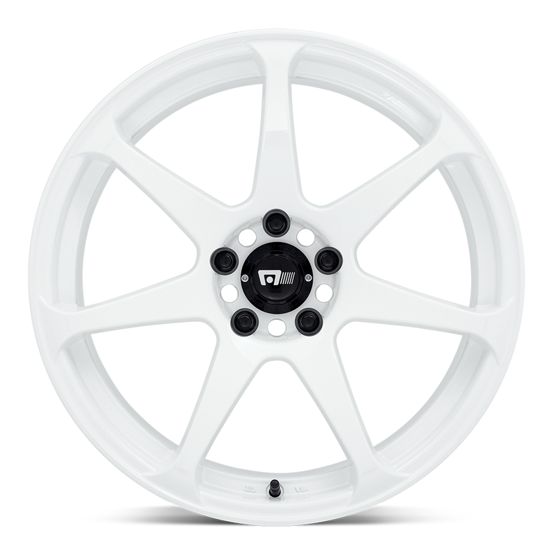 Front face view of a Motegi Racing Battle cast aluminum 7 spoke automotive wheel in white with a black center cap displaying a silver Motegi logo.