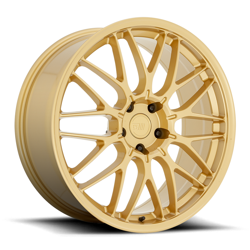Motegi Racing CM10 cast aluminum 10 V-shaped spoke automotive wheel in gold with a Motegi logo center cap.