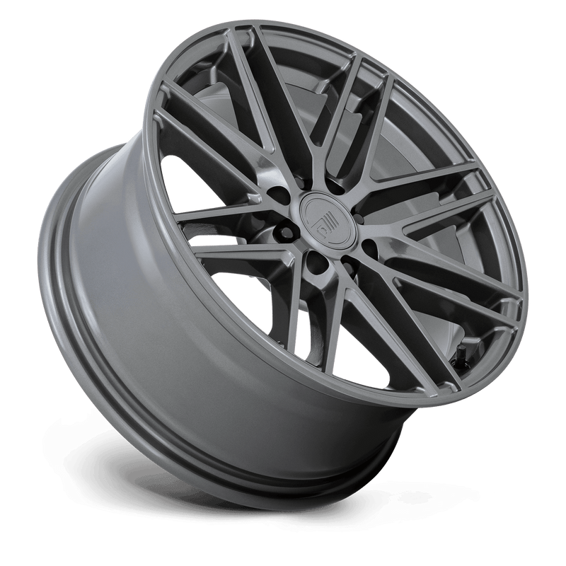Tilted side view of a Motegi CM8 cast aluminum 8 double spoke automotive wheel in a gloss gunmetal finish with a Motegi Racing logo center cap.