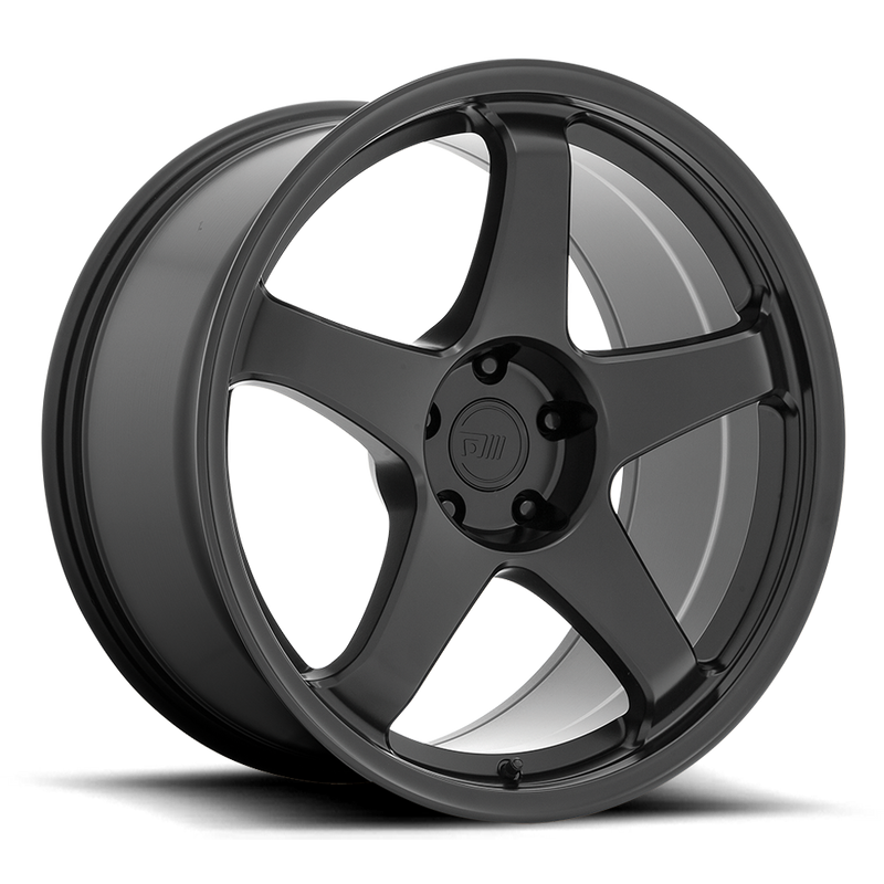 Motegi Racing CS5 cast aluminum 5 spoke automotive wheel in satin black with a Motegi black logo center cap.