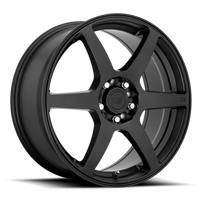 Motegi Racing CS6 cast aluminum 6 spoke automotive wheel in a satin black finish with an embossed Motegi logo in one spoke and a Motegi logo center cap.