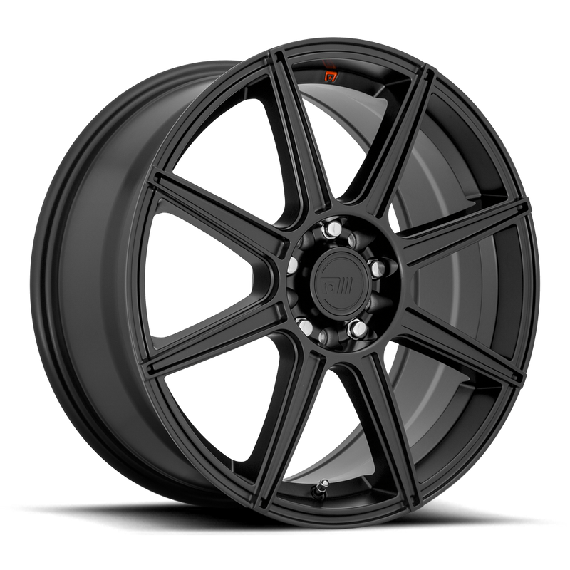 Motegi Racing CS8 cast aluminum 8 spoke automotive wheel in satin black with a small red Motegi logo on inner edge of wheel and a Motegi logo center cap.