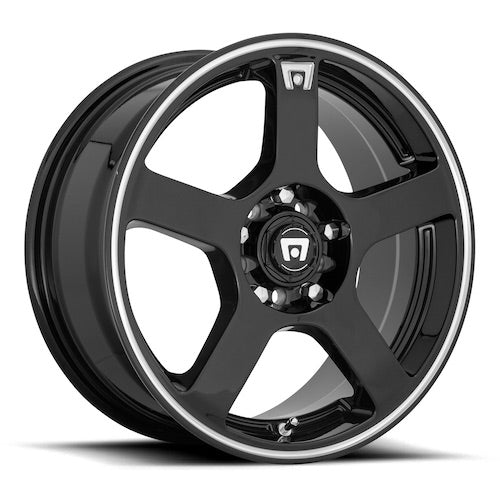 Motegi Racing FS5 cast aluminum 5 spoke automotive wheel in gloss black with machined silver flange and a small silver Motegi logo on one spoke and on the center cap.