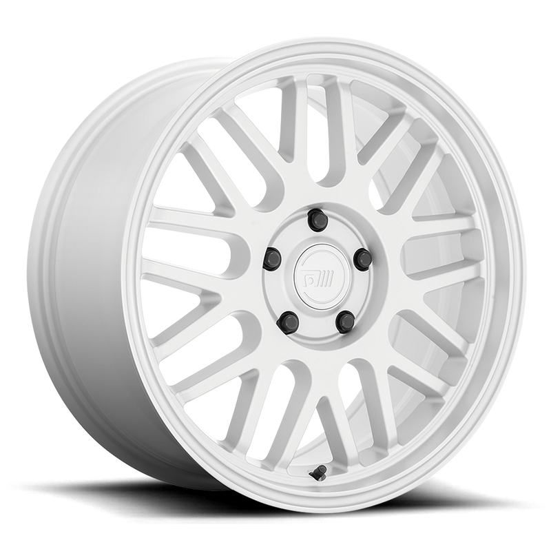 Motegi Racing M9 cast aluminum 9 V-shape double spoke automotive wheel in silver with a Motegi logo center cap.