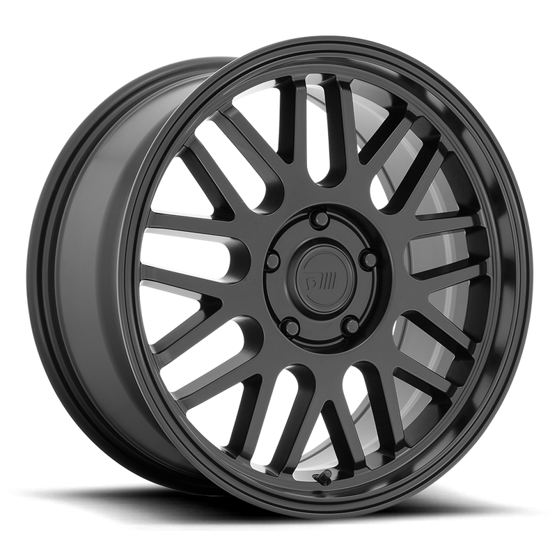 Motegi Racing M9 cast aluminum 9 V shape spoke automotive wheel in a satin black finish with a Motegi logo center cap.