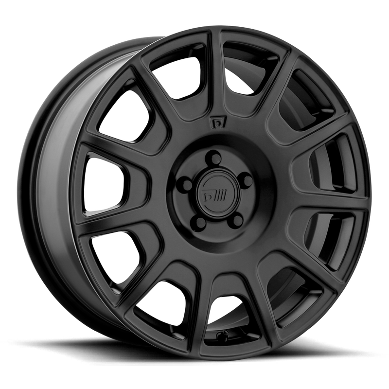 Motegi Racing RF11 cast aluminum 11 spoke design automotive wheel in satin black with a embossed Motegi logo at inner end of one spoke and a Motegi logo center cap.