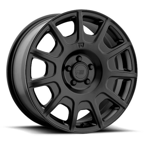 Motegi Racing RF11 cast aluminum 11 spoke automotive wheel in a satin black finish with a Motegi Racing logo black center cap.