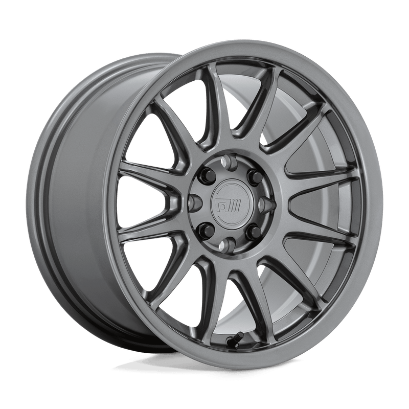 Motegi S12 cast aluminum 12 spoke automotive wheel in a gloss gunmetal finish with Motegi Racing logo center cap.