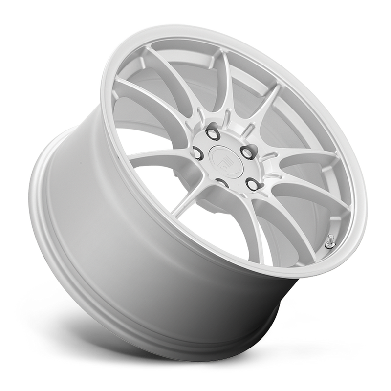 Tilted side view of a Motegi Racing SS5 cast aluminum 5 double spoke automotive wheel in silver with a Motegi silver logo center cap.