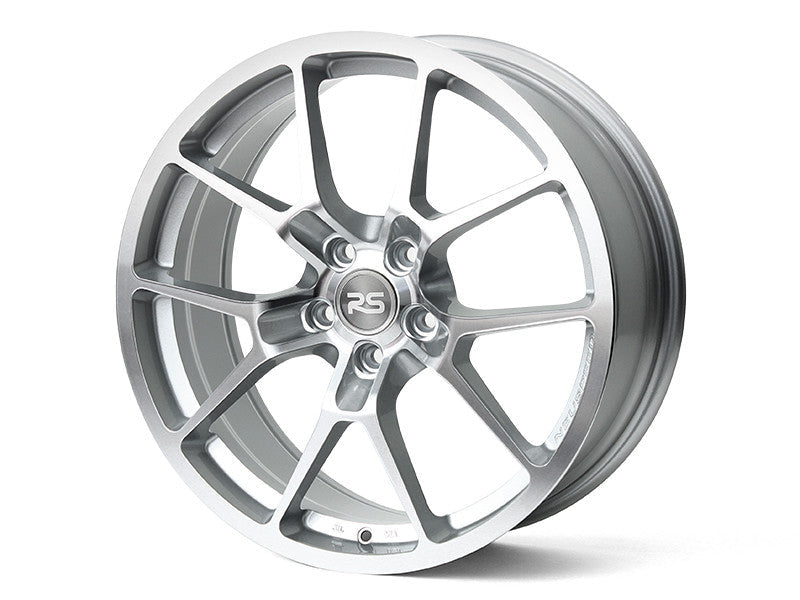 Gloss silver machined finish Neuspeed split 5 spoke automotive alloy wheel with an RS logo center cap.