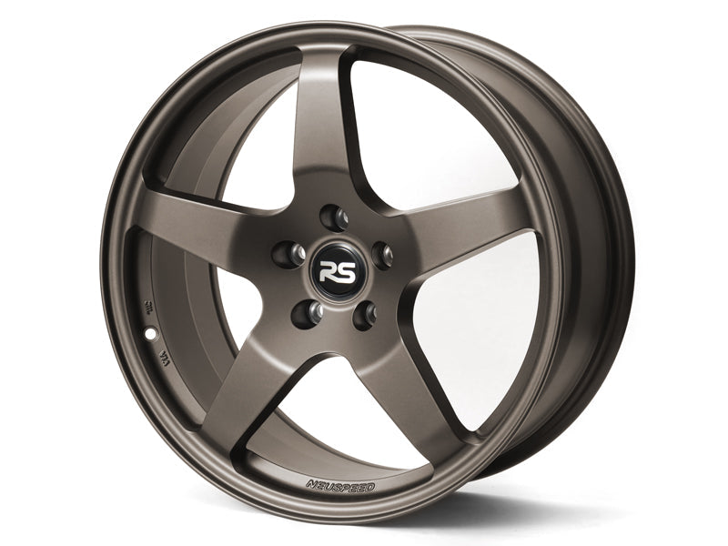 Neuspeed 5 spoke automotive alloy wheel in a satin bronze finish with an RS logo center cap.
