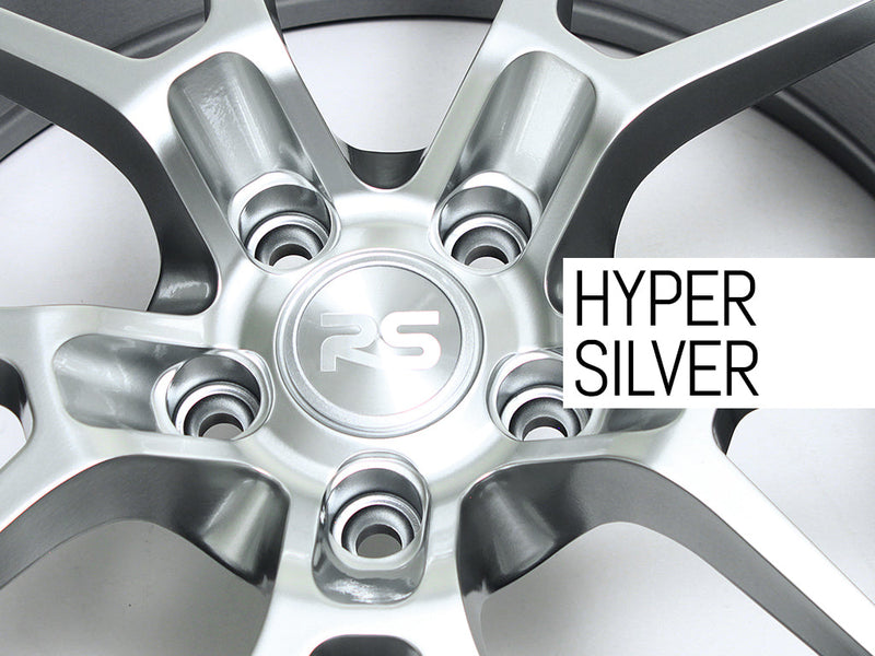Close up of the RS logo center cap and 5 lug holes on a Neuspeed automotive alloy wheel in a hyper silver finish. 