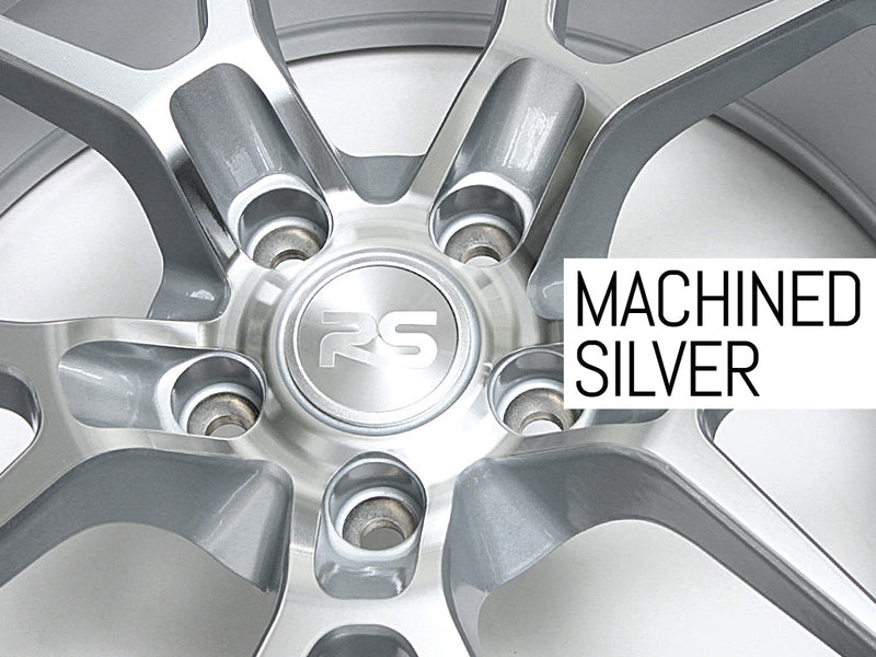 Close up of the RS logo center cap and the 5 lug holes on a Neuspeed automotive alloy wheel in a machined silver finish.