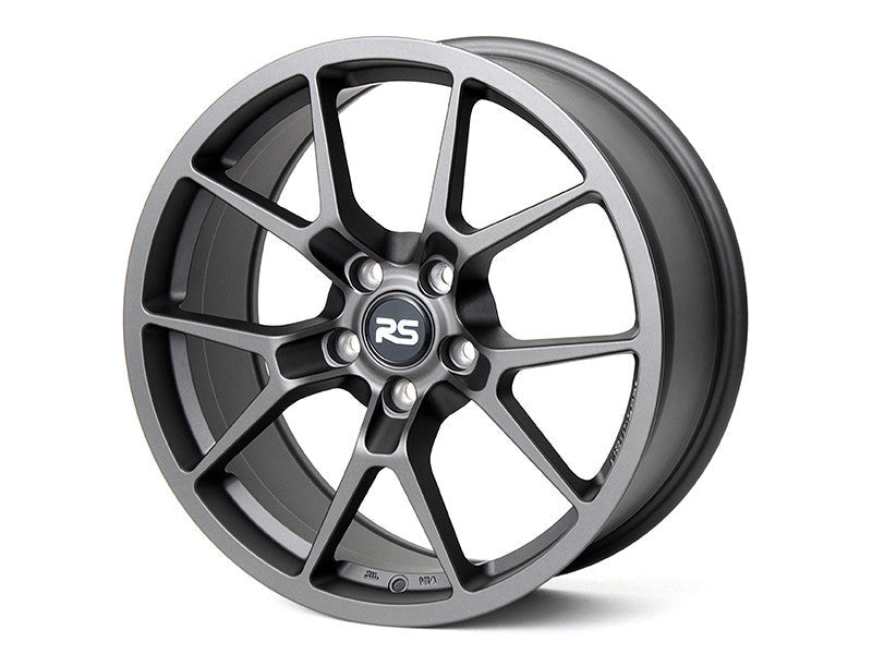 Neuspeed split 5 spoke  design automotive alloy wheel in a satin gun metallic finish with an RS logo center cap.