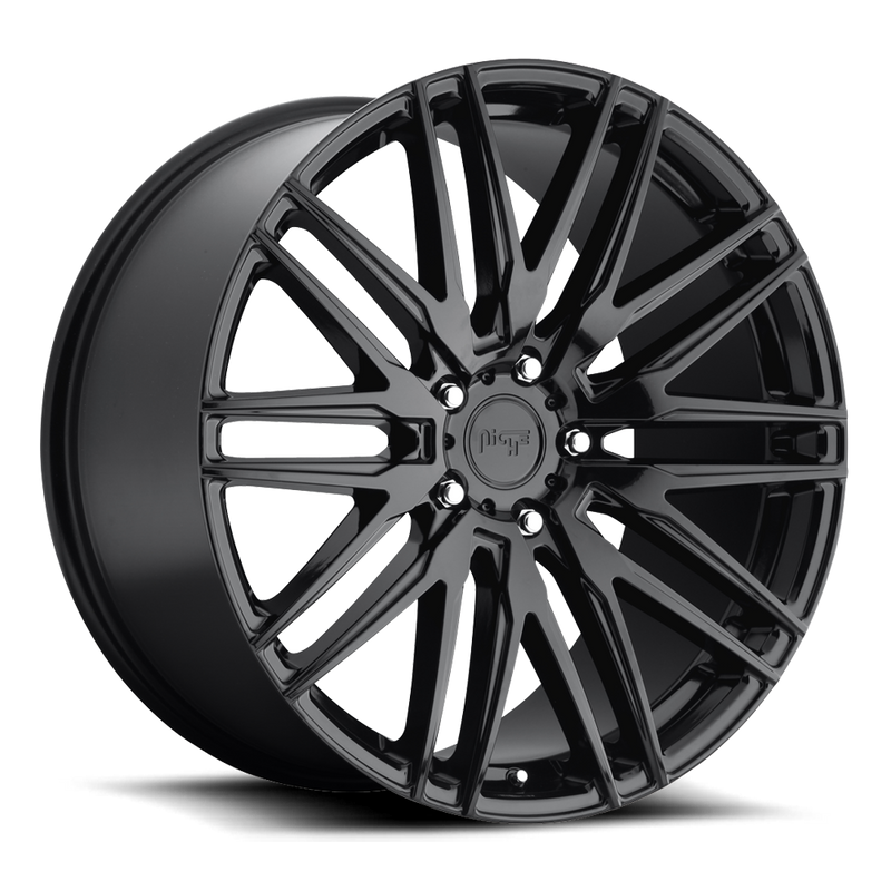 Niche Anzio monoblock cast aluminum 10 V shape spoke automotive wheel in a gloss black finish with a Niche black logo center cap.