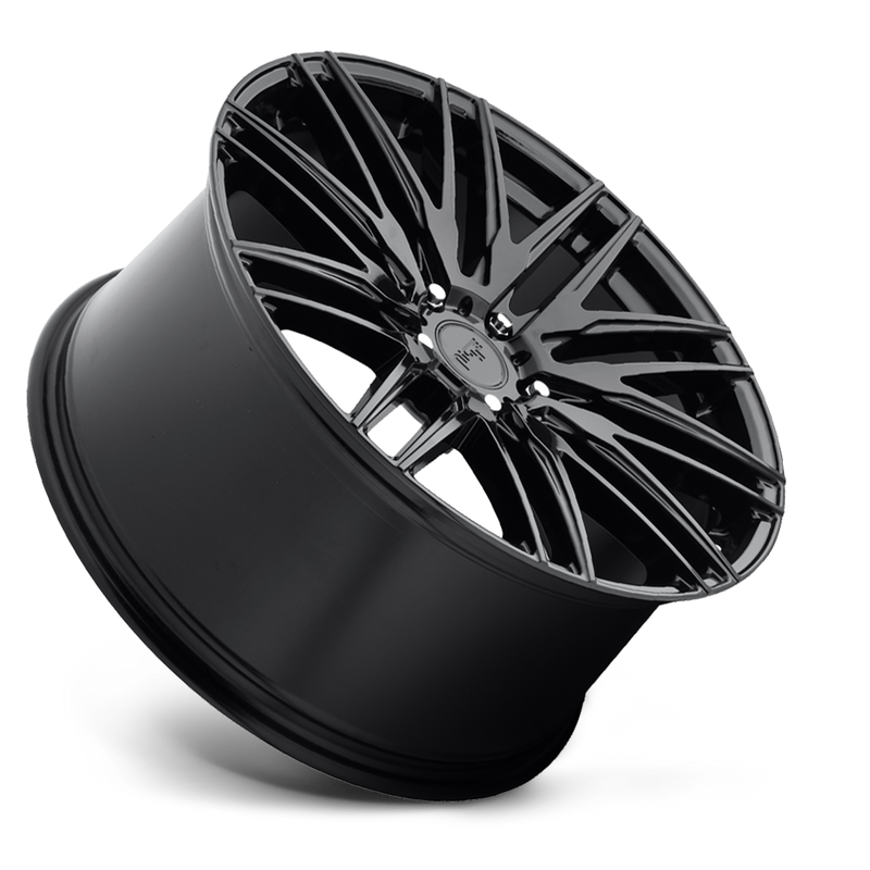 Tilted side view of a Niche Anzio monoblock cast aluminum 10 V shape spoke automotive wheel in a gloss black finish with a Niche black logo center cap.