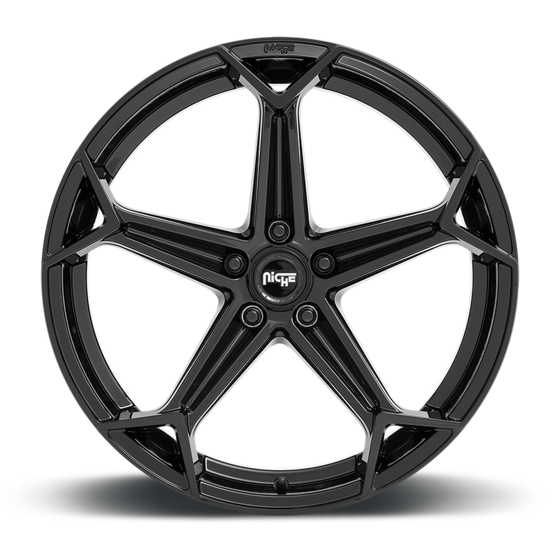 Front face view of a Niche Arrow monoblock cast aluminum 5 spoke automotive wheel in a gloss black finish with an embossed Niche Logo on outer lip and Niche logo center cap