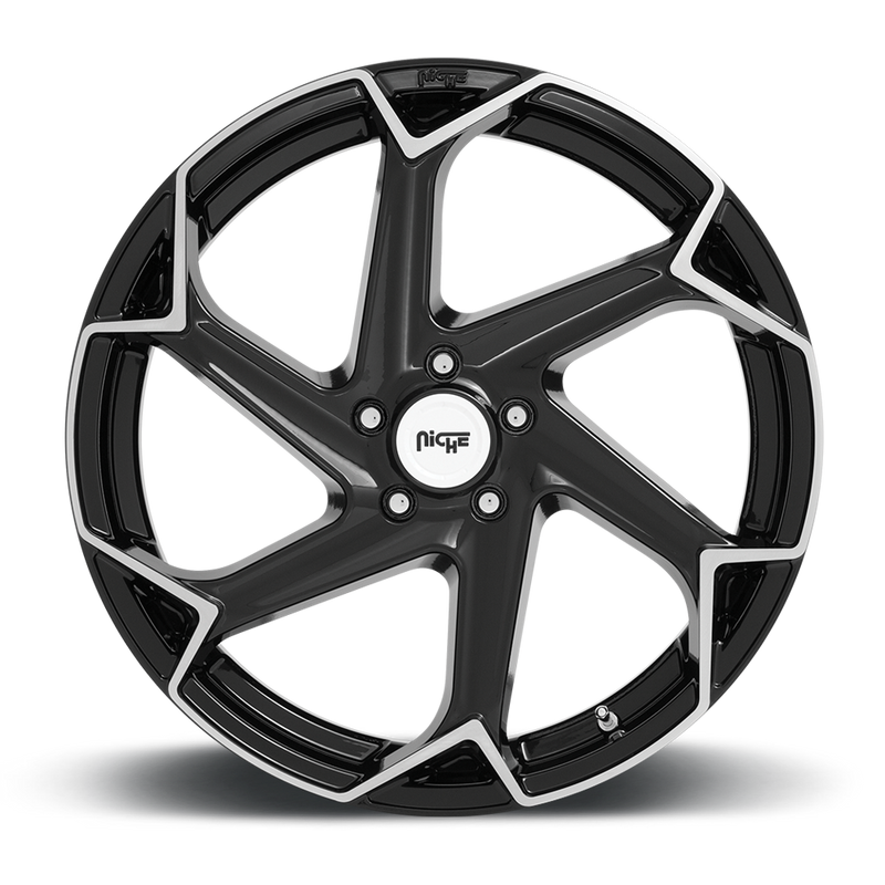 Front face view of a Niche Flash monoblock cast aluminum 6 spoke automotive wheel in a brushed gloss black finish with an embossed Niche logo on outer lip and a Niche logo center cap.