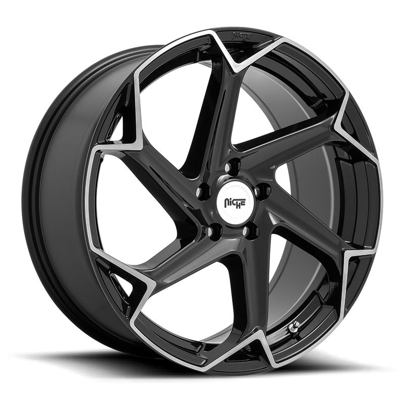 Niche Flash monoblock cast aluminum 6 spoke automotive wheel in a brushed gloss black finish with an embossed Niche logo on outer lip and a Niche logo center cap.