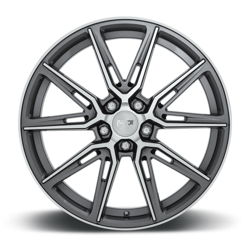 Front face view of a Niche Gemello monoblock cast aluminum 5 V shape double spoke automotive wheel in a gloss anthracite machined finish with a Niche silver logo center cap.