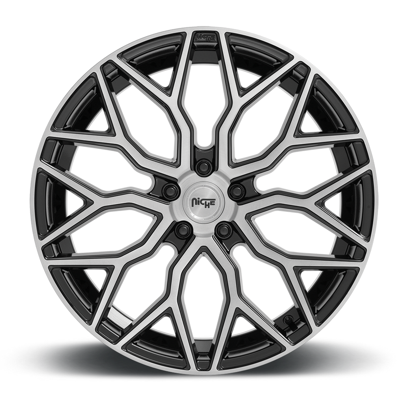 Front face view of a Niche Mazzanti monoblock cast aluminum multi spoke automotive wheel in a gloss black brushed face finish with a Niche black logo center