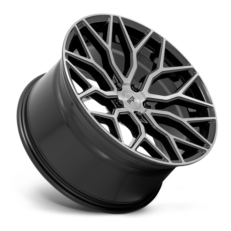 Tilted side view of a Niche Mazzanti monoblock cast aluminum multi spoke automotive wheel in a gloss black brushed face finish with a Niche black logo center cap.