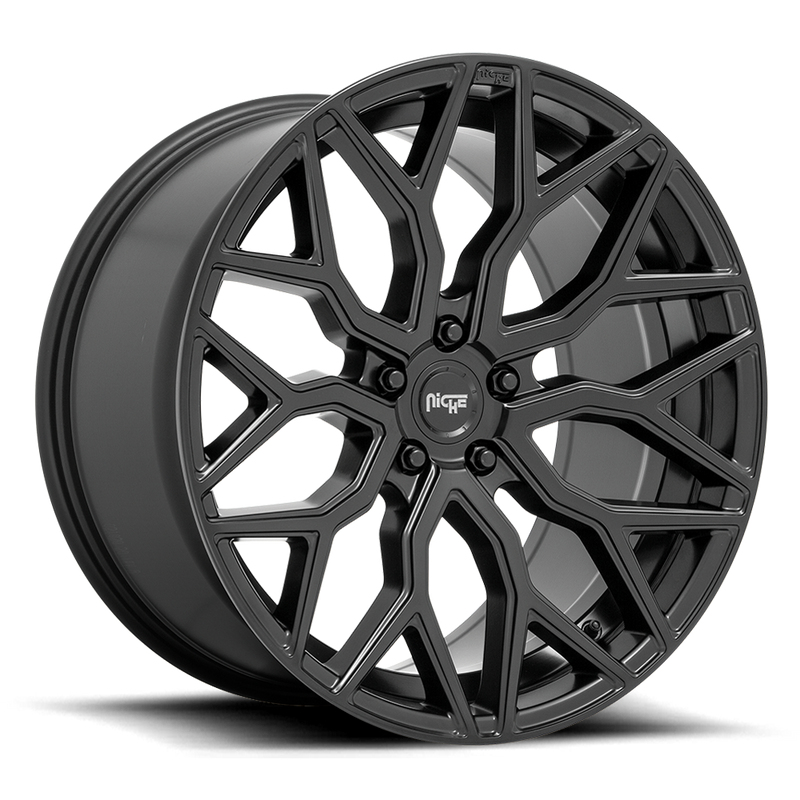 Niche Mazzanti monoblock cast aluminum multi spoke concave profile automotive wheel in a matte black finish and Niche silver logo center cap.