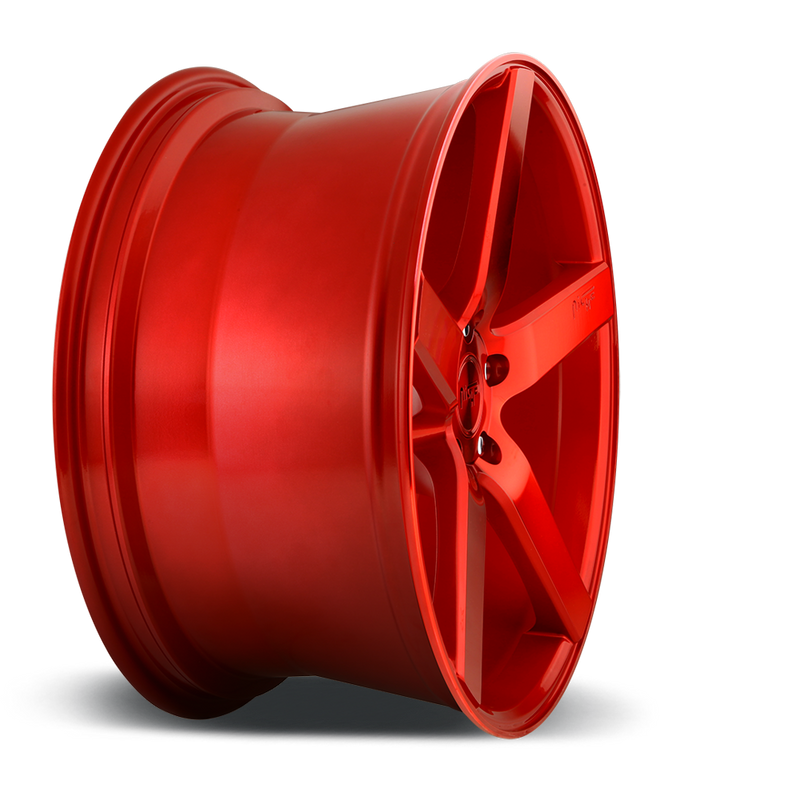 Side view of a Niche Milan monoblock cast aluminum 5 spoke automotive wheel in a candy red finish with an embossed Niche logo in one spoke and a Niche logo center cap.