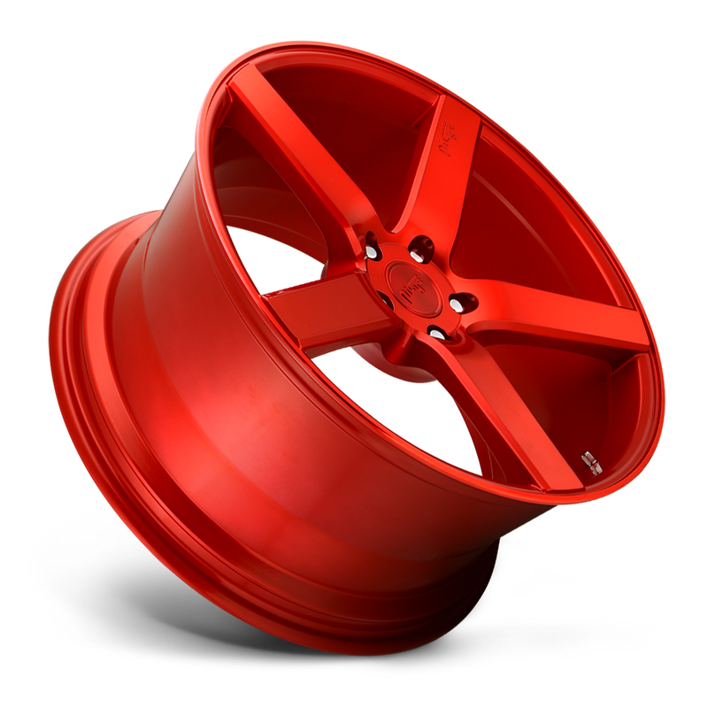 Tilted side view of a Niche Milan monoblock cast aluminum 5 spoke automotive wheel in a candy red finish with an embossed Niche logo in one spoke and a Niche logo center cap.