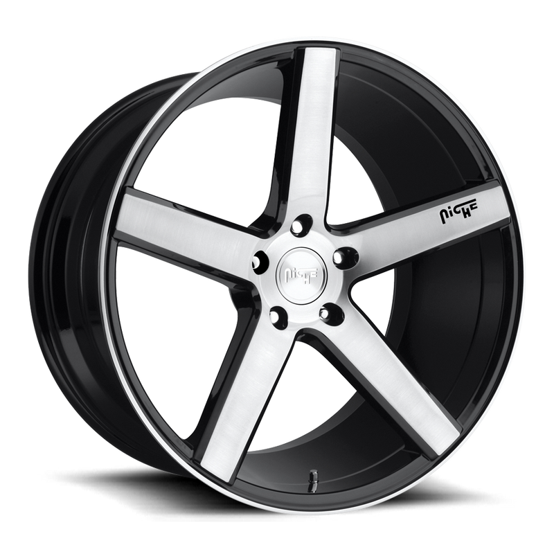 Niche Milan monoblock cast aluminum 5 smooth spoke automotive wheels in a brushed gloss black finish with an embossed Niche logo on one spoke and a Niche silver logo center cap.