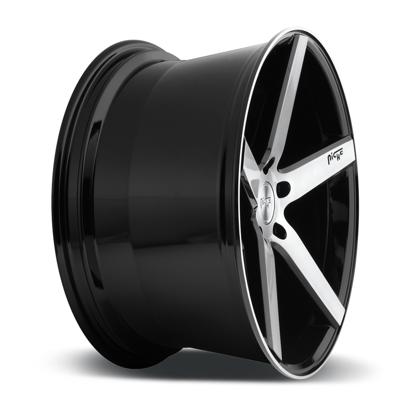 Side view of a Niche Milan monoblock cast aluminum 5 smooth spoke automotive wheels in a brushed gloss black finish with an embossed Niche logo on one spoke and a Niche silver logo center cap.