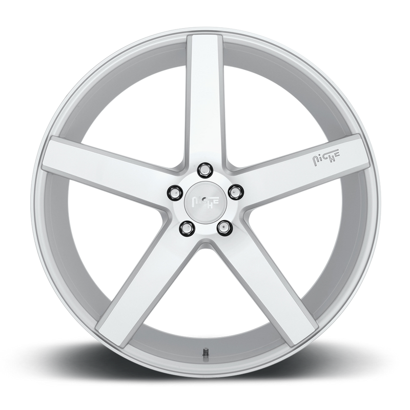 Front face view of a Niche Milan monoblock cast aluminum 5 spoke automotive wheel in a gloss silver machined finish with an embossed Niche logo in one spoke and a Niche logo center cap.