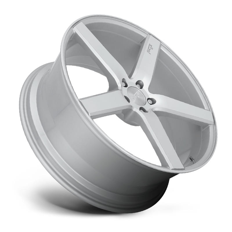 Tilted side view of a Niche Milan monoblock cast aluminum 5 spoke automotive wheel in a machined gloss silver finish with Niche logo on one spoke and a Niche logo center cap.