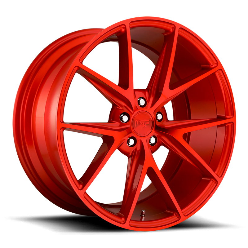 Niche Misano monoblock cast aluminum 5 V shape double spoke automotive wheel in a candy red finish with a Niche logo center cap.