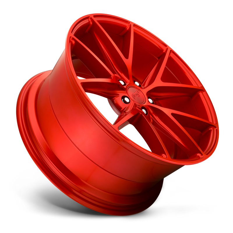 Tilted side view of a Niche Misano monoblock cast aluminum 5 double V-shape spoke automotive wheel in candy red finish with a Niche logo center cap.