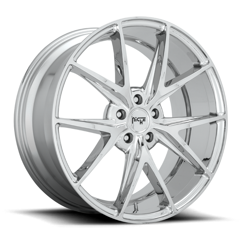 Niche Misano monoblock cast aluminum 5 V shape double spoke automotive wheel in a chrome finish with a Niche black logo center cap.
