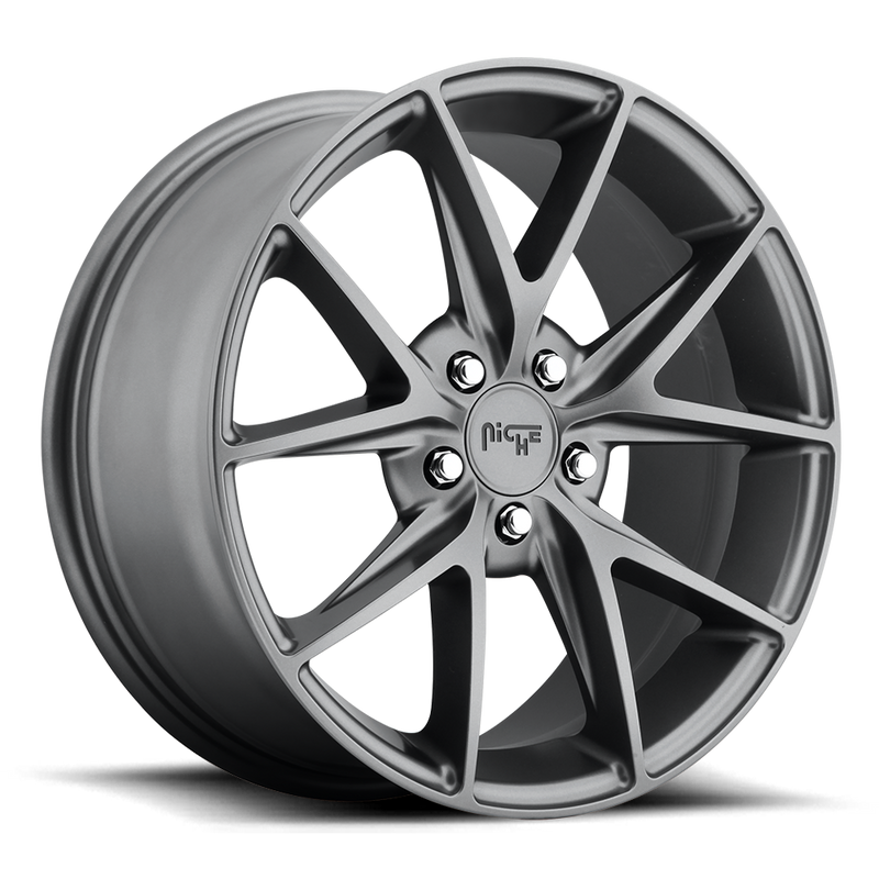 Niche Misano monoblock cast aluminum 5 V-shaped double spoke automotive wheel in a gun metal gray finish with a Niche logo center cap.