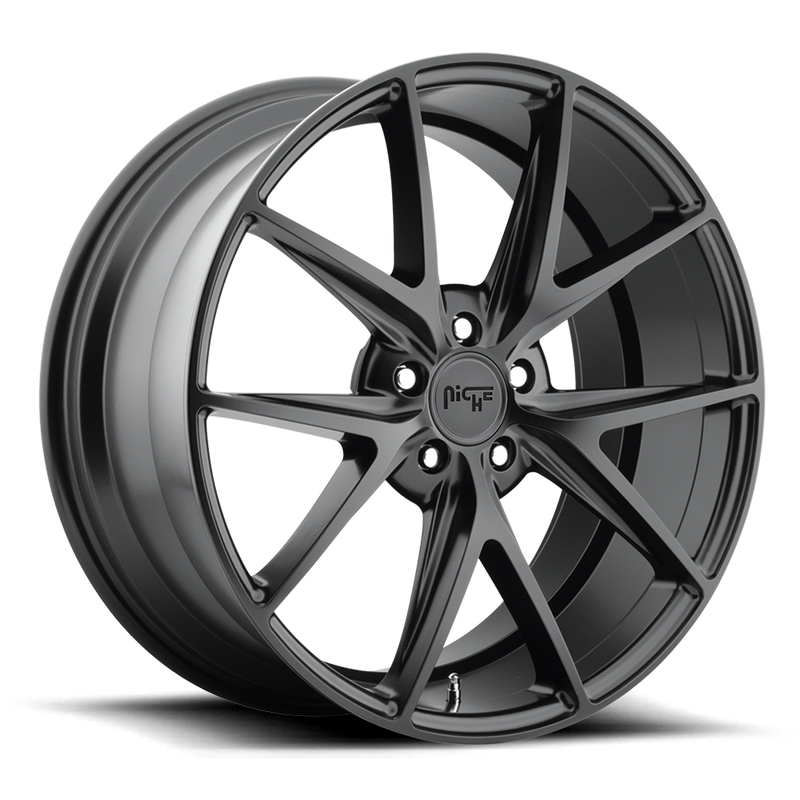 Niche Misano monoblock cast aluminum 5 V-shaped double spoke automotive wheel in a matte black finish with a Niche logo center cap.