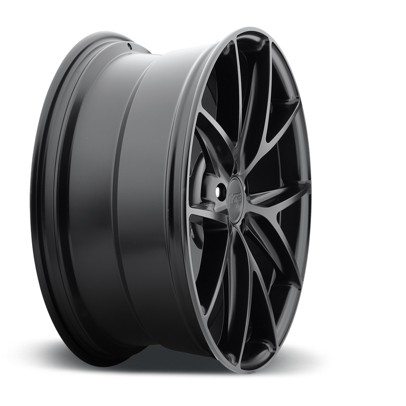 Side view of a Niche Misano monoblock cast aluminum 5 double V-shape spoke automotive wheel in a matte black finish with a Niche logo center cap.