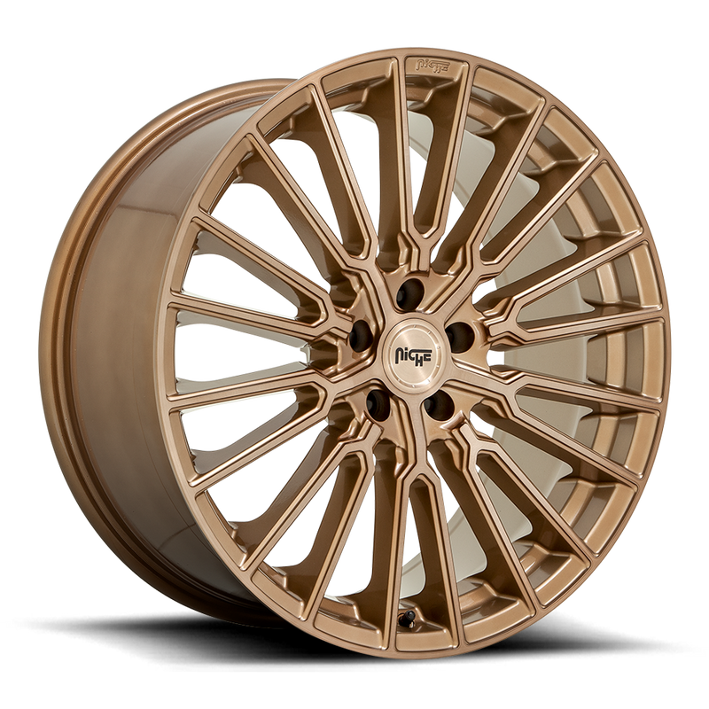 Niche Premio monoblock cast aluminum 10 Y shape spoke automotive wheel in a brushed bronze finish with an embossed Niche logo in the outer lip and a Niche black logo center cap.
