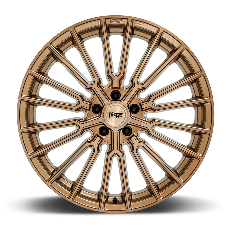 Front face view of a Niche Premio monoblock cast aluminum 10 Y shape spoke automotive wheel in a brushed bronze finish with an embossed Niche logo in the outer lip and a Niche black logo center cap.