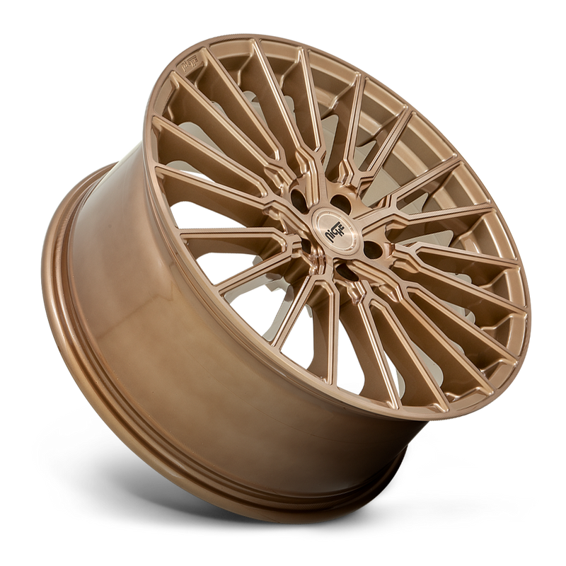 Tilted side view of a Niche Premio monoblock cast aluminum 10 Y shape spoke automotive wheel in a brushed bronze finish with an embossed Niche logo in the outer lip and a Niche black logo center cap.