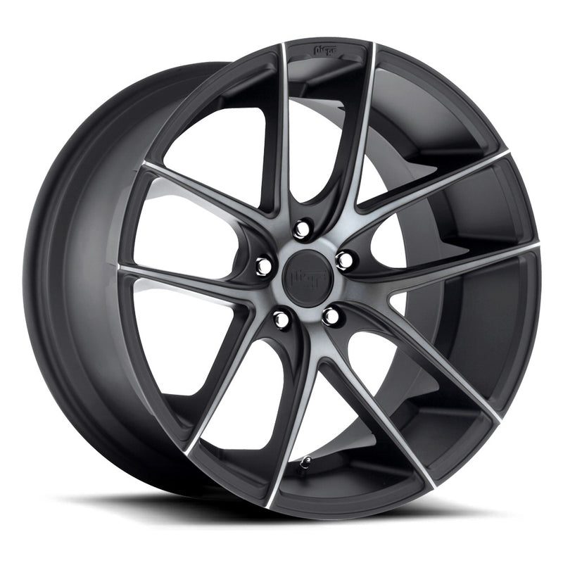 Niche Targa monoblock cast aluminum 5 double spoke automotive wheel in a matte black double dark tint finish with embossed Niche logo on outer edge and Niche logo center cap.