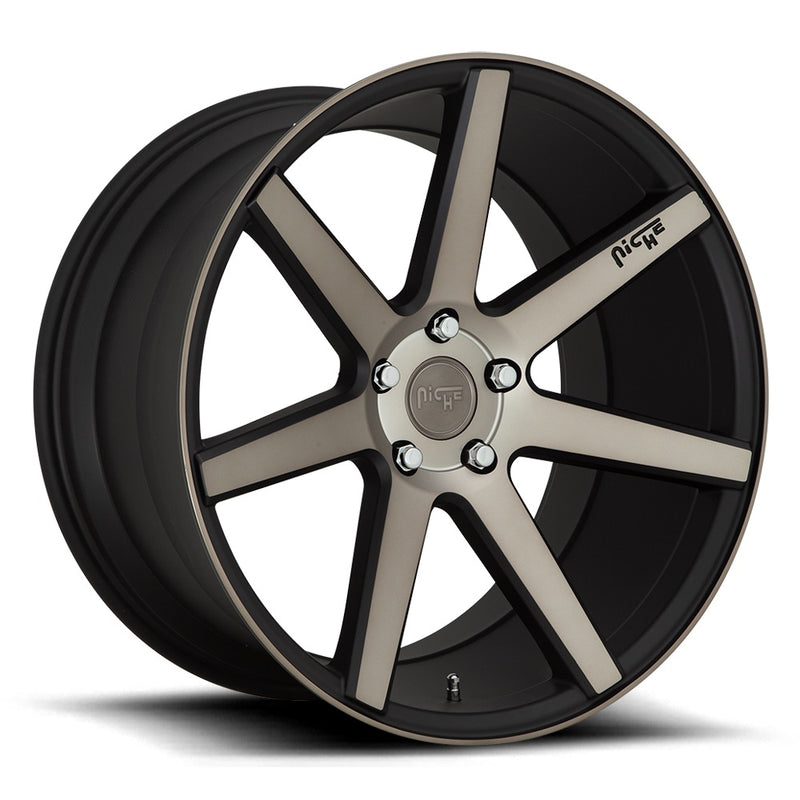 Niche Verona monoblock cast aluminum 6 spoke automotive wheel in a matte black machined finish with a Niche logo embossed on one spoke and a Niche logo center cap.